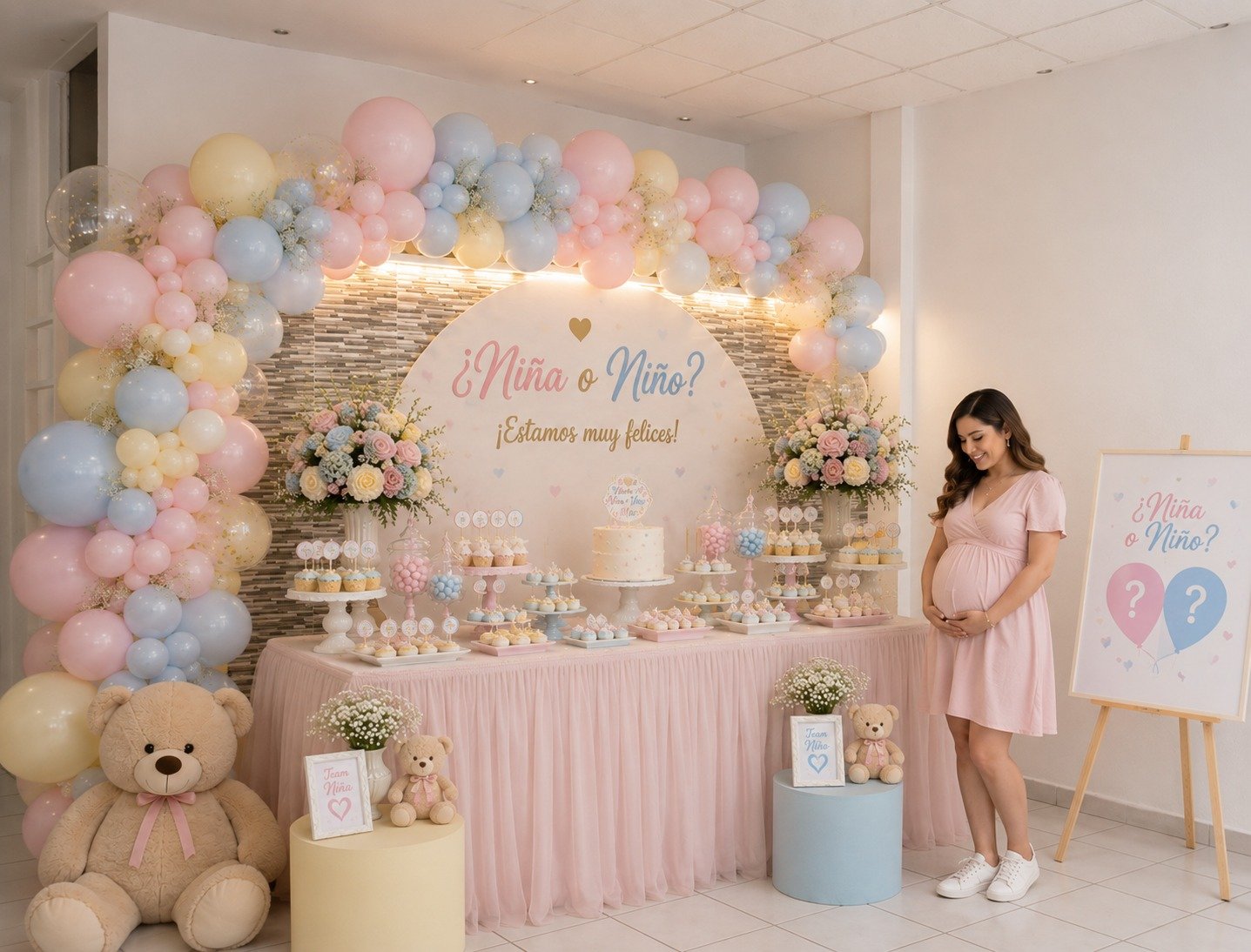 Salón decorado para un baby shower, con globos y las mesas listas