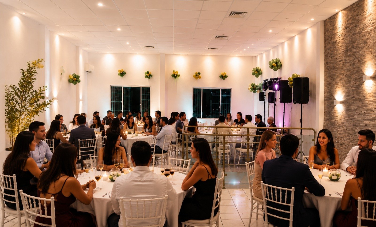 Invitados conviviendo sentados en las mesas del salón