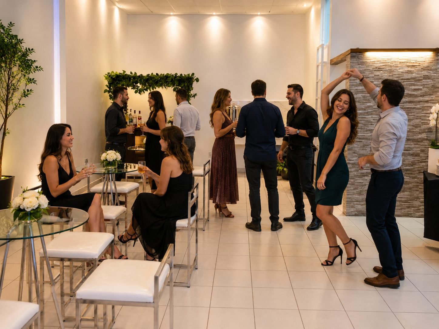 Invitados conviviendo de pie en el salón, con las mesas y la barra al fondo