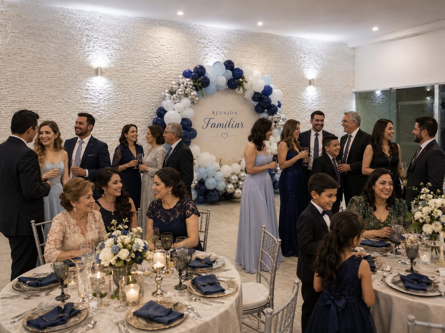 Reunión familiar en el salón, con las mesas puestas y la gente platicando