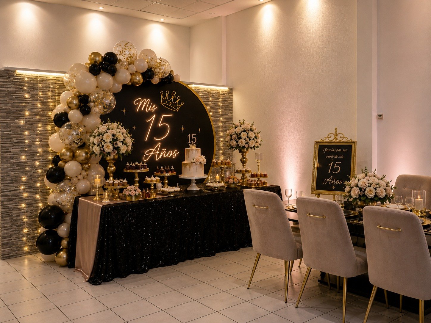 Otro montaje de XV años, con decoración e iluminación de color